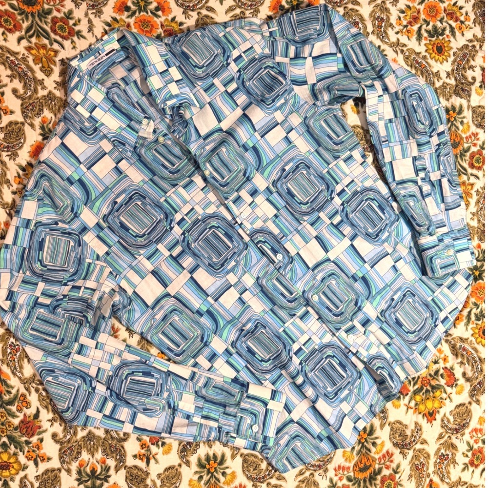 100% Cotton Mens Slim Fit Button Down Shirt Blue Geo Psychedelic Made in Italy L